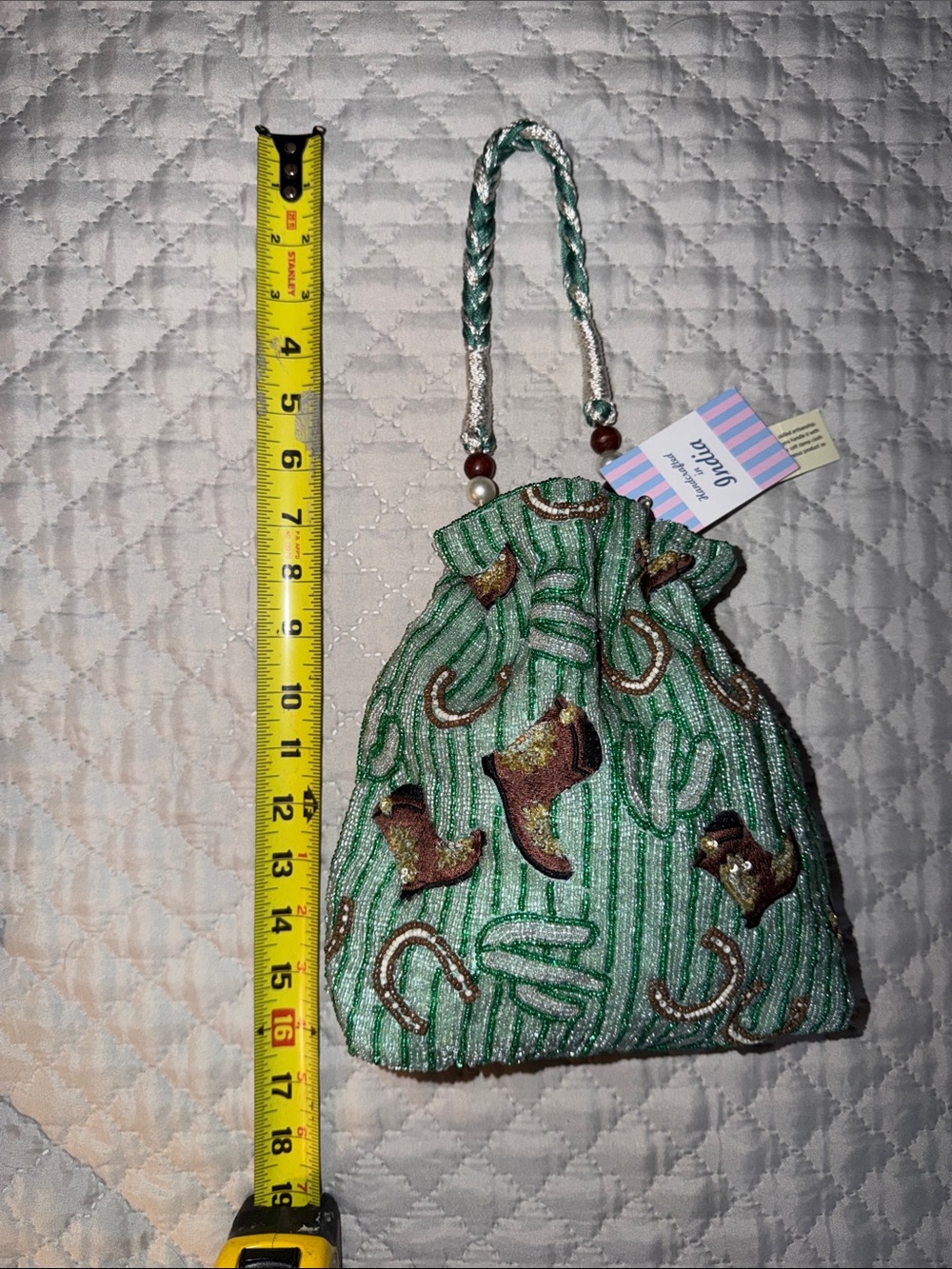 Beaded Green Cowboy Boot & Horseshoe Drawstring Evening Bag - Picture 5 of 7